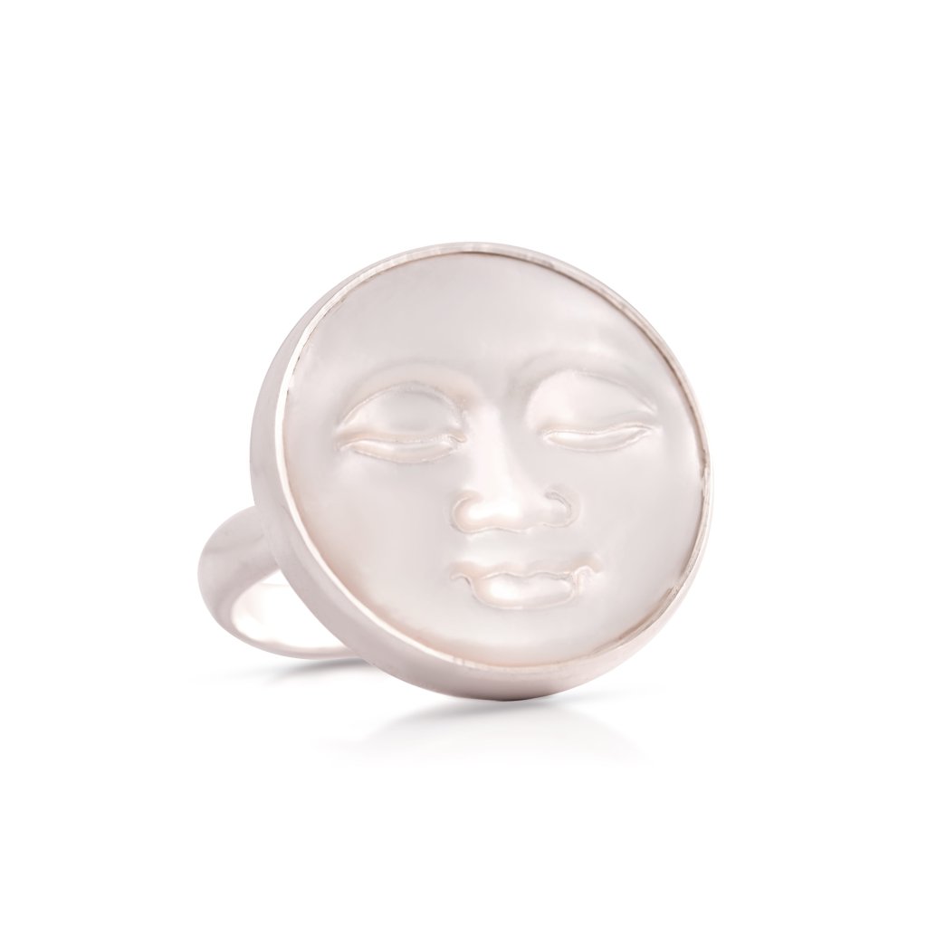 Natural Mother of Pearl Face Carving Silver Ring For Women