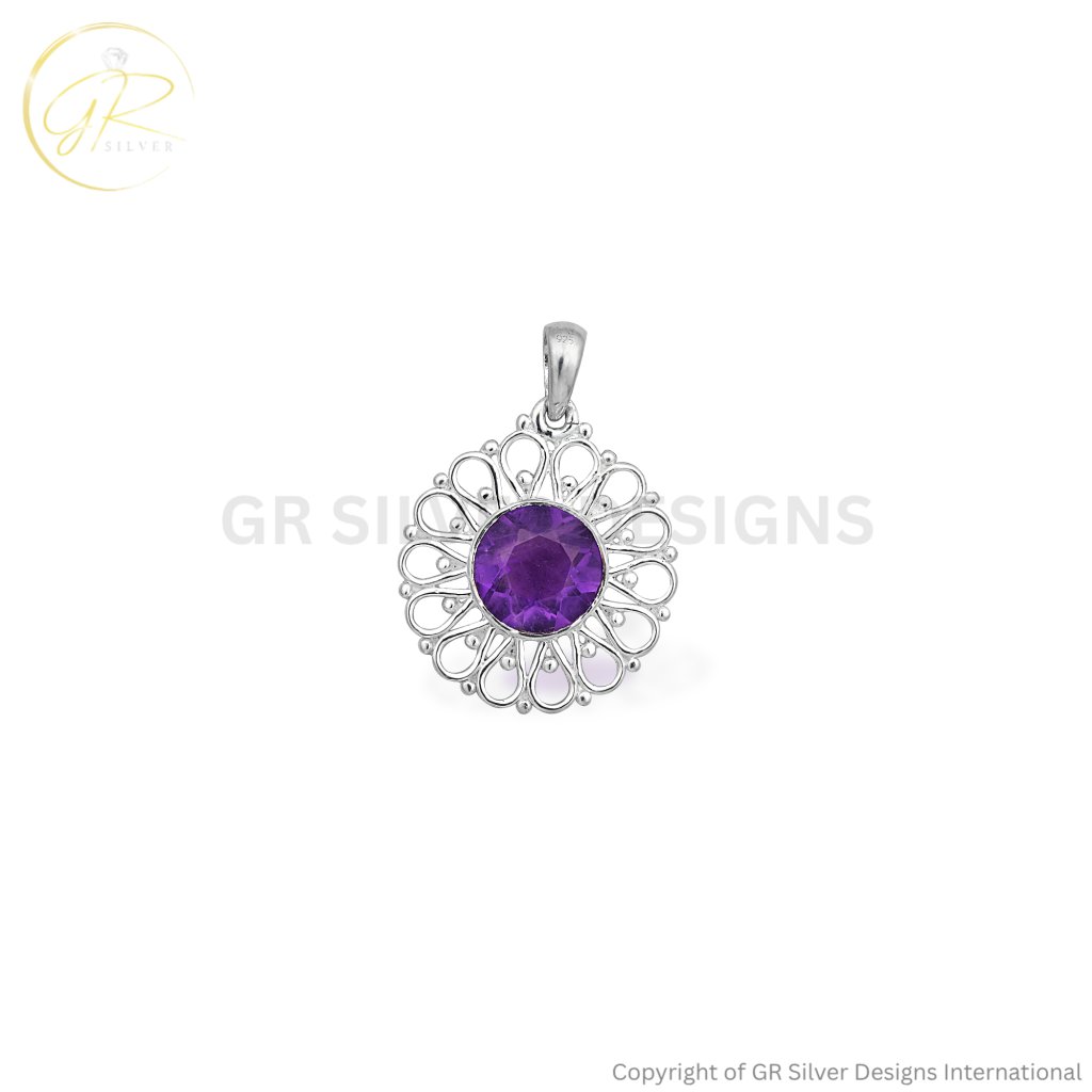 Natural Amethyst Birthstone Flower Silver Pendant Necklace