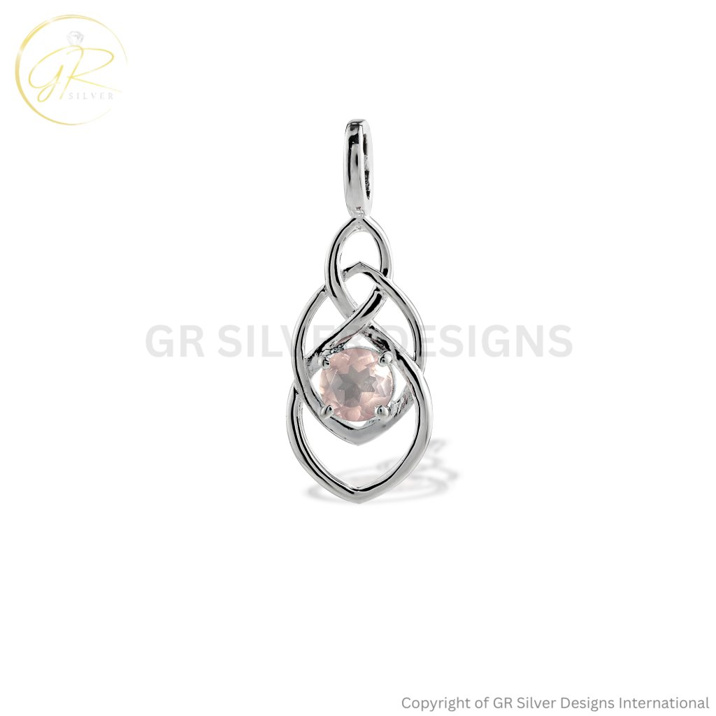 Natural Rose Quartz Birthstone Silver Celtic Knot Pendant Necklace