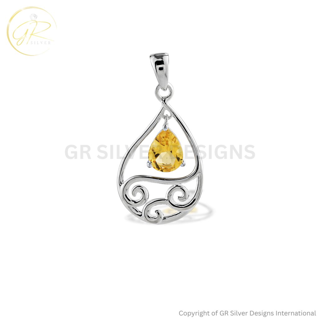 Natural Citrine November Birthstone Sterling Silver Pendant Necklace For Women