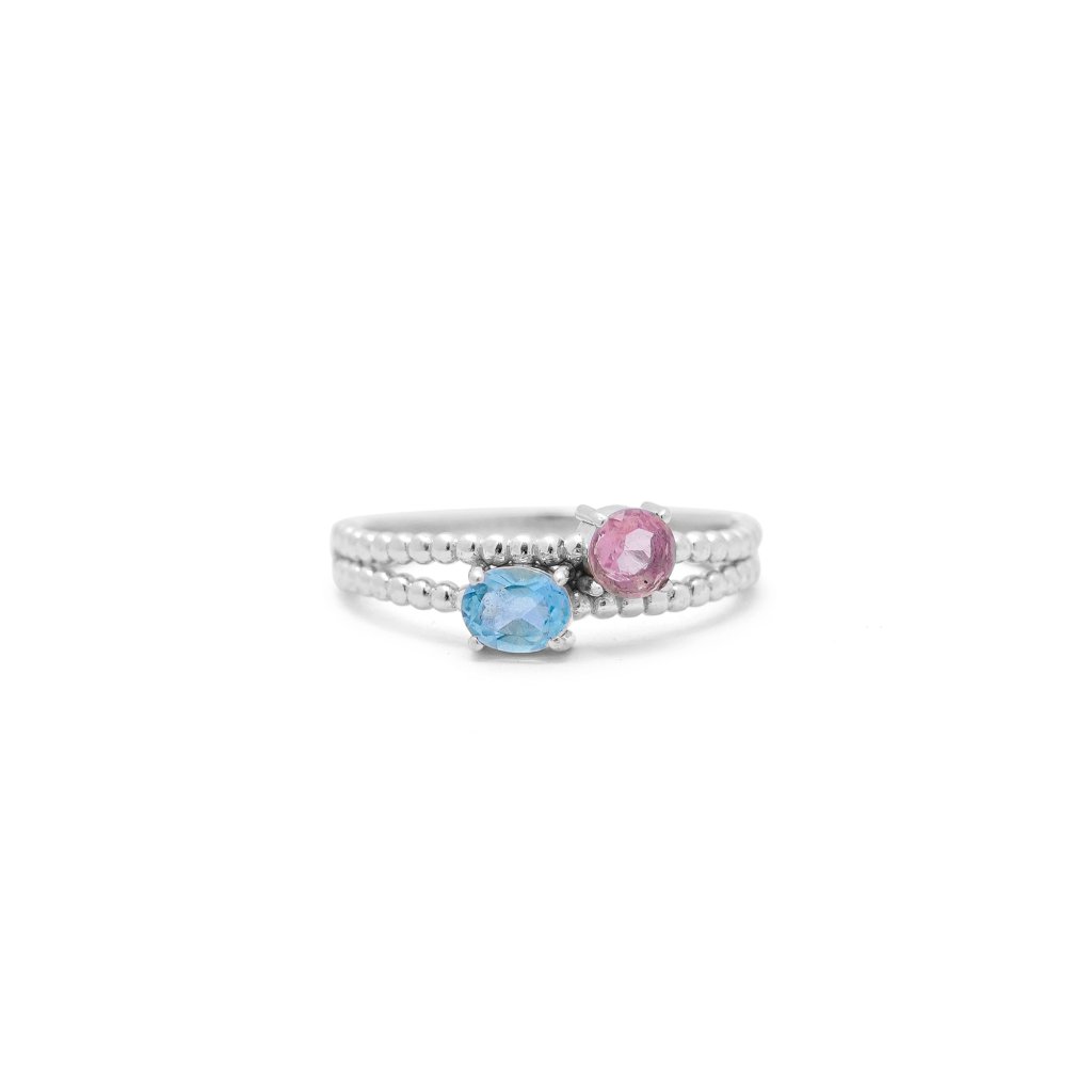 925 Sterling Silver Rose Quartz with Blue Topaz Birthstone  Ring