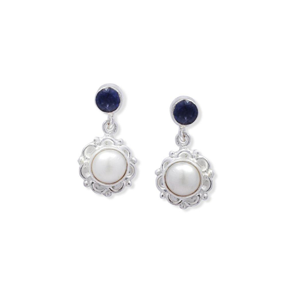 Sterling Silver Iolite & Pearl Drop Earrings Perfect Birthstone Gift