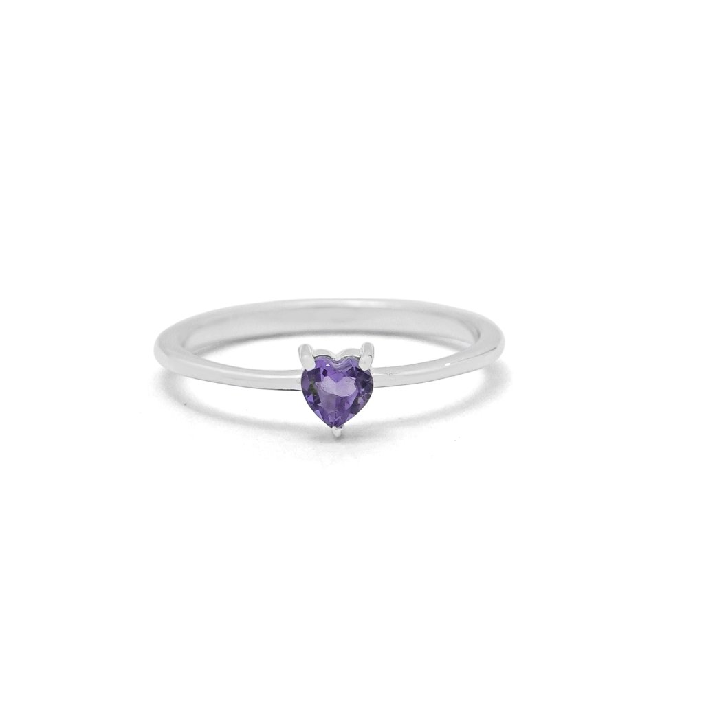 Amethyst heart cut silver ring with purple gemstone in 925 sterling silver